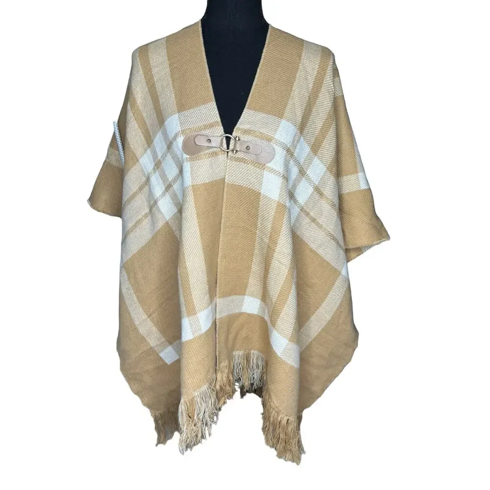 Charter Club Plaid Poncho Wrap NWT Beige Fringe Oversized Fall One Size